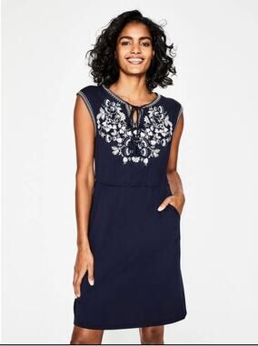 Boden Catriona Embroidered Jersey Dress Women’s 8R Navy Floral Boho Casualp